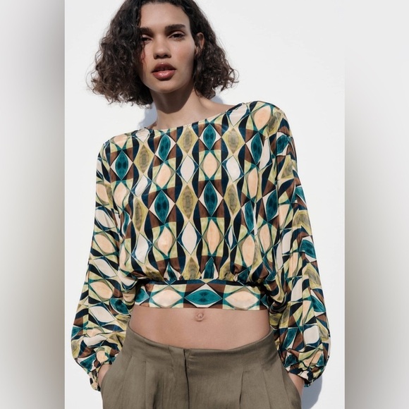 Zara Tops - Zara Multicolored Round Neck Bohemian Printed Open Back Tied Top Sz M‎